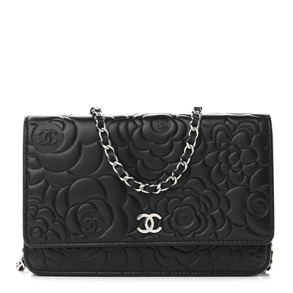 Chanel Lambskin Camellia Embossed Wallet on Chain WOC Black 1 of 11