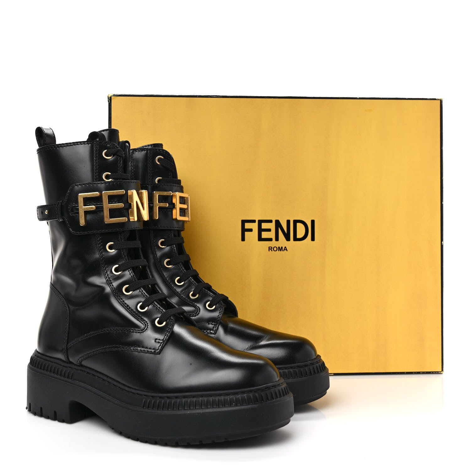 カ*い様 Fendi ハイヒール 黒/黄 ロゴ入り Fendi Vitello Abrasivato Fendigraphy 50mm Biker Boots 39 Black