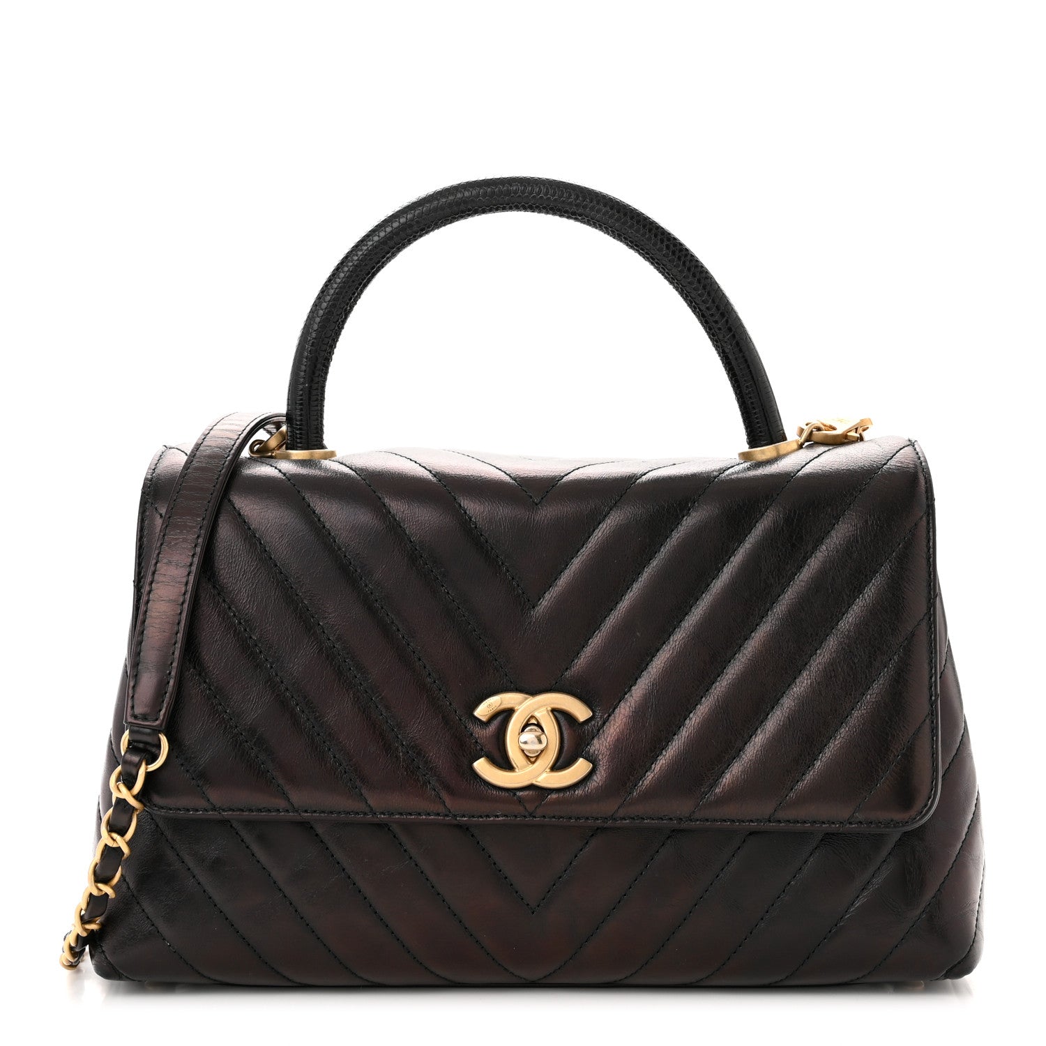 Chanel Glazed Calfskin Lizard Chevron Quilted Small Coco Handle Flap Black 1 of 10