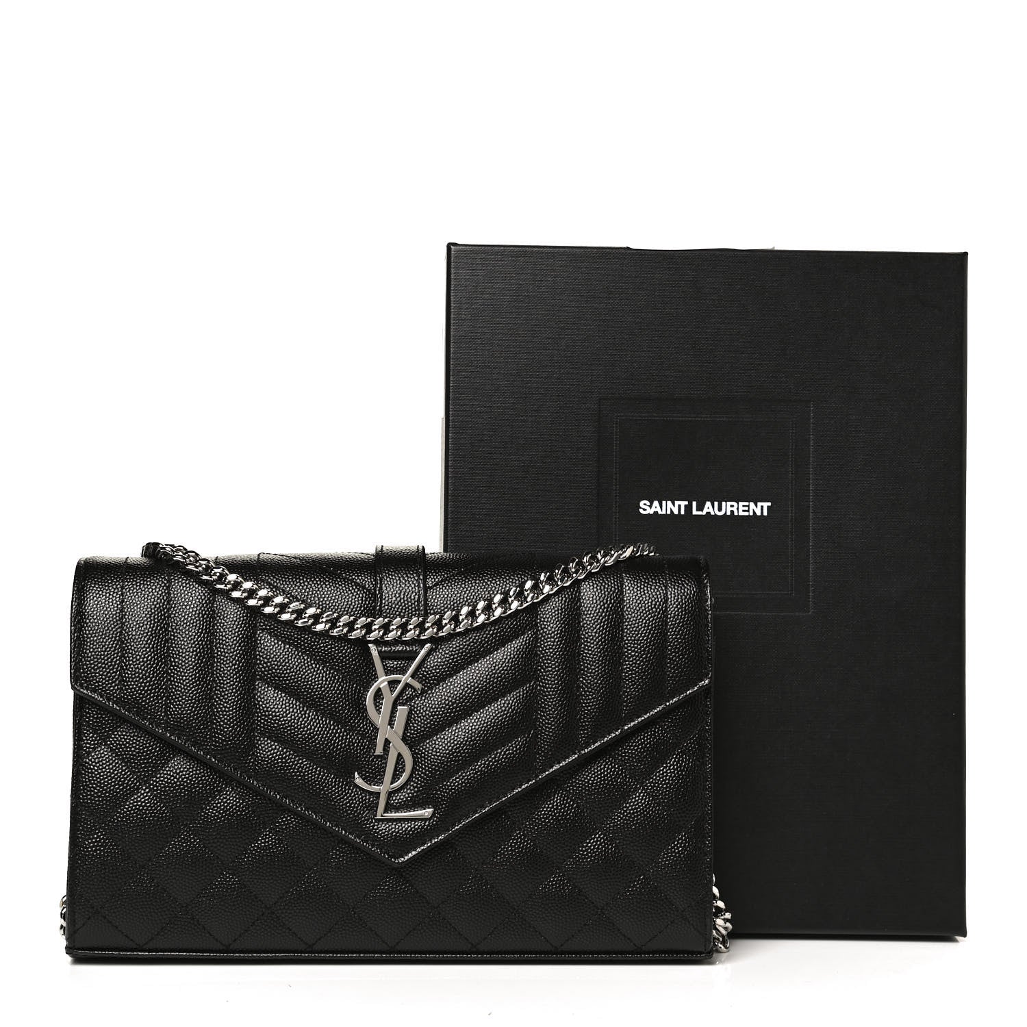 Saint Laurent Grain De Poudre Mixed Matelasse Triquilt Monogram Chain Wallet Black 10 of 10