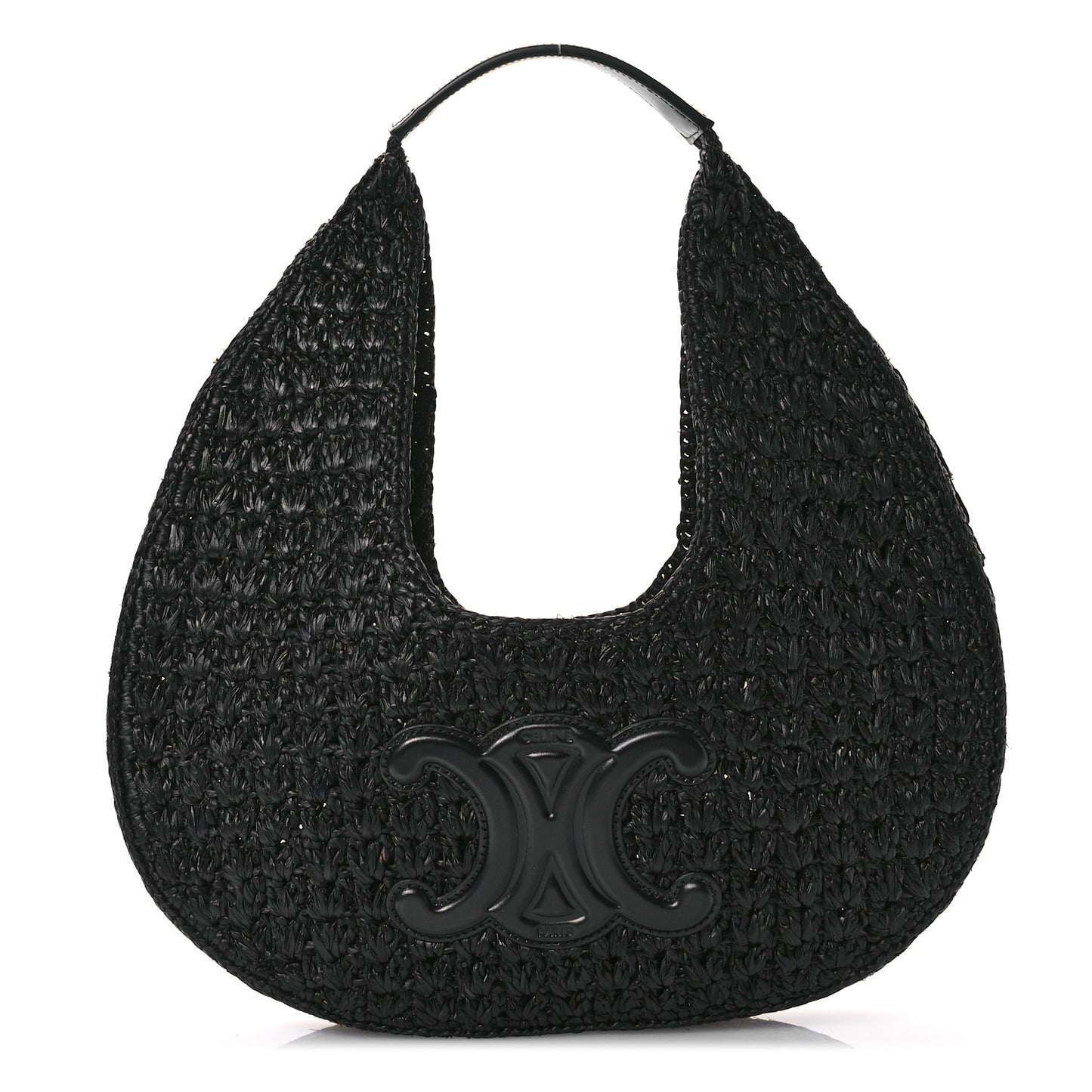 Raffia Calfskin Triomphe Panier Hobo Bag Black