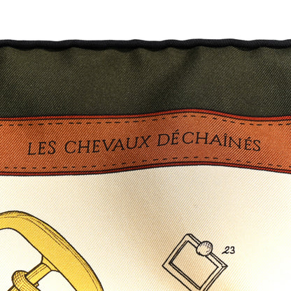 Hermes Silk Les Cheveaux Dechaines Scarf 90 Ivoire Vert Loden Vieil Or 5 of 5