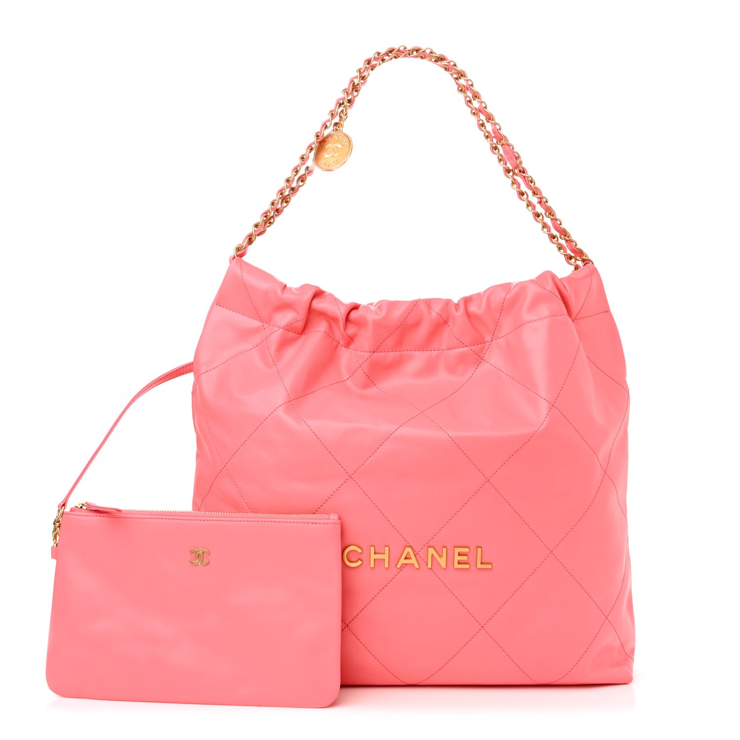 Chanel Shiny Calfskin Quilted Chanel 22 Drawstring Bag Coral Pink 1 of 11