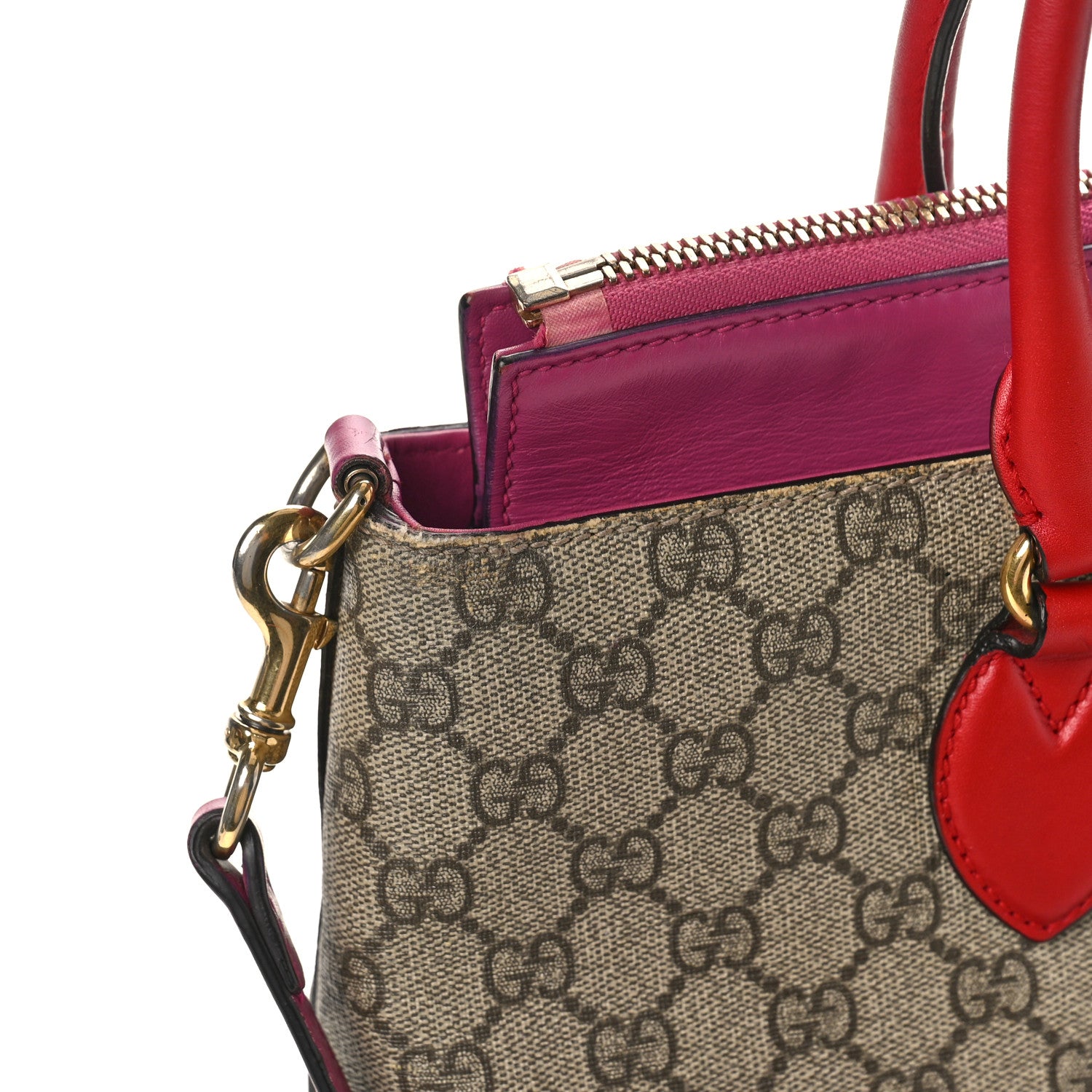 Gucci GG Supreme Monogram Moon Calfskin Small Zip Top Tote Beige Ebony Hibiscus Red New Rosette 10 of 14