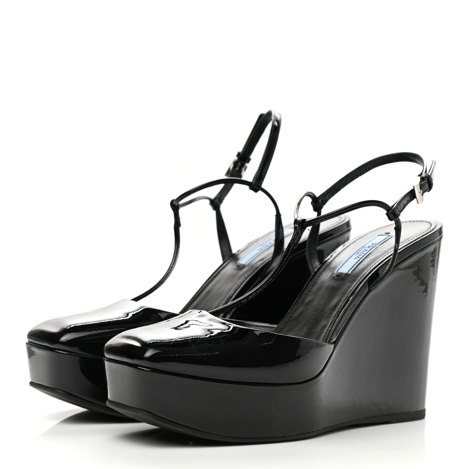 Prada Patent T-Strap Wedge Sandals 38.5 Black 3 of 8