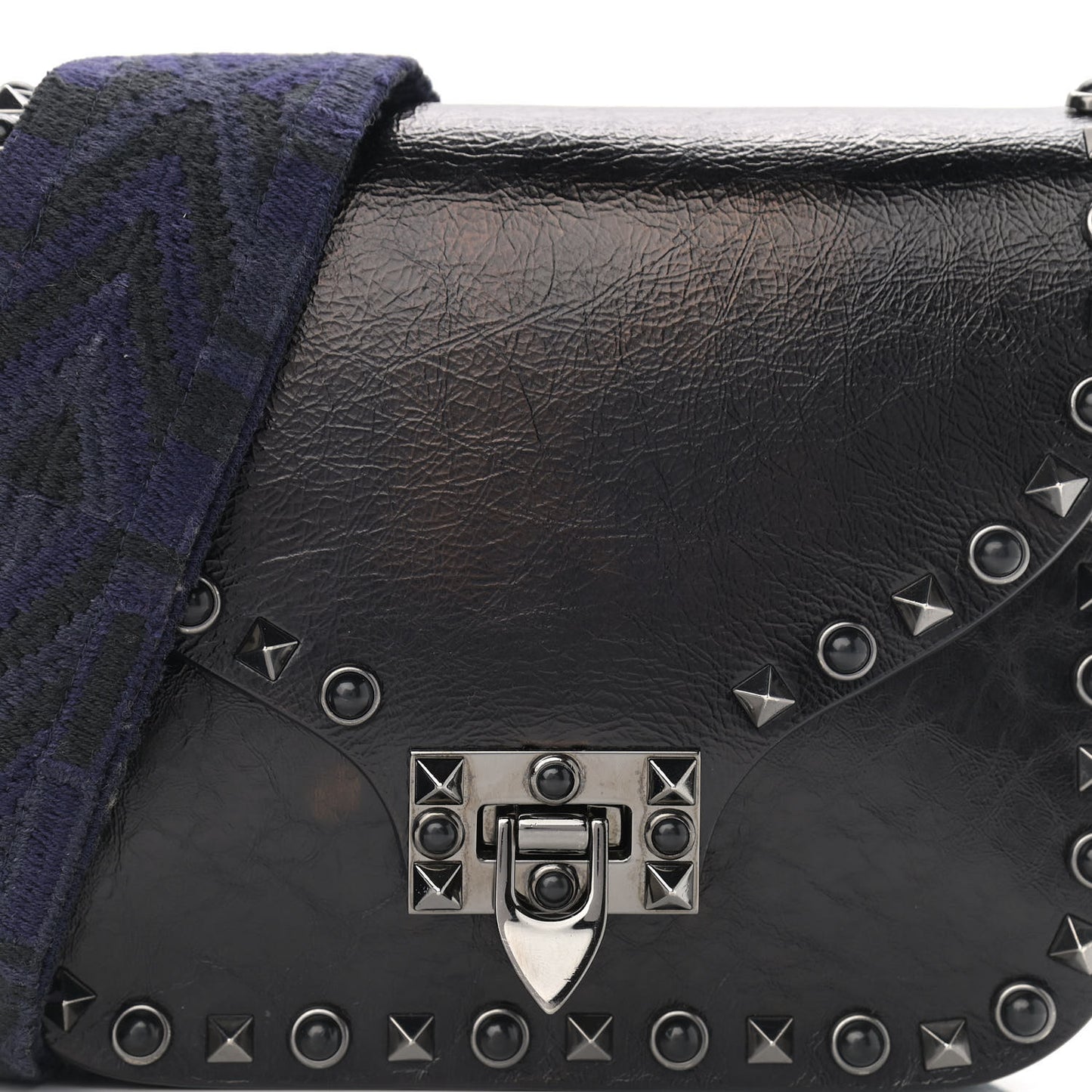 Craquele Calfskin Guitar Strap Rockstud Rolling Shoulder Flap Messenger Bag Black