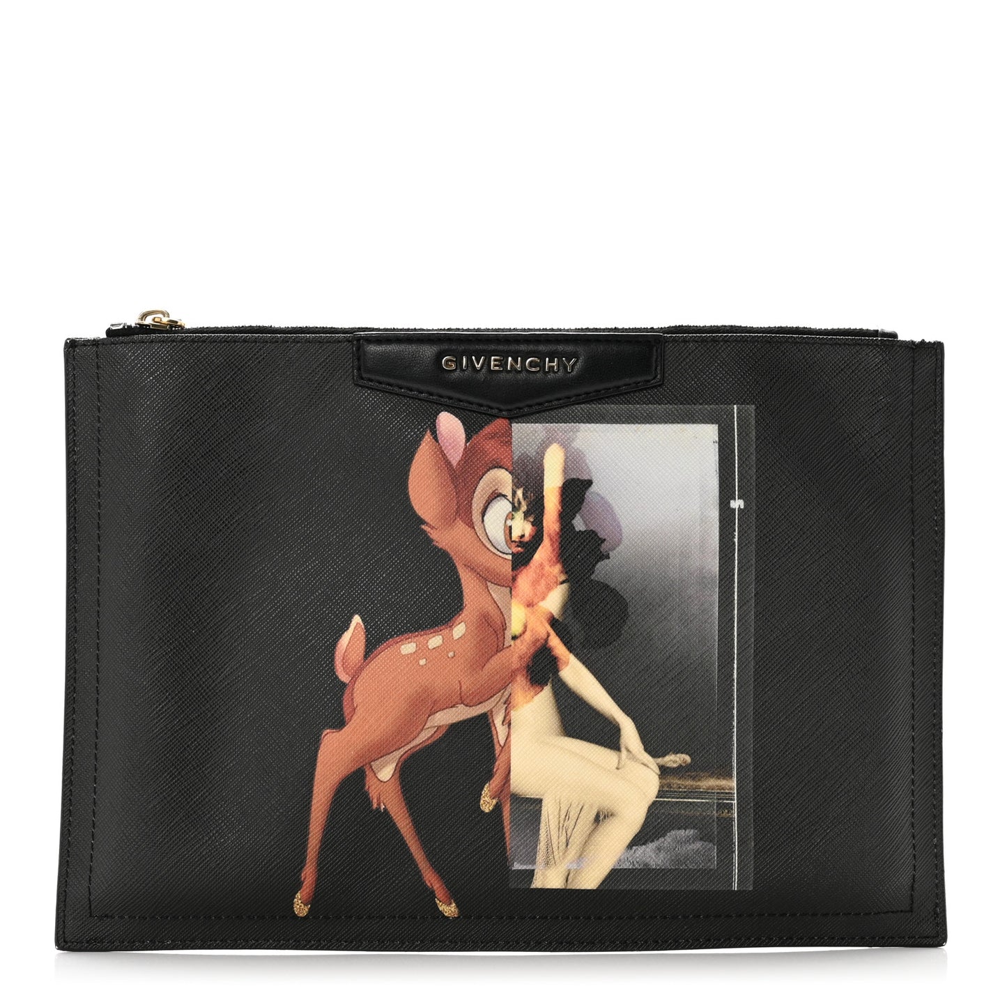 Textured Coated Canvas Bambi Print Cosmetic Pouch Black