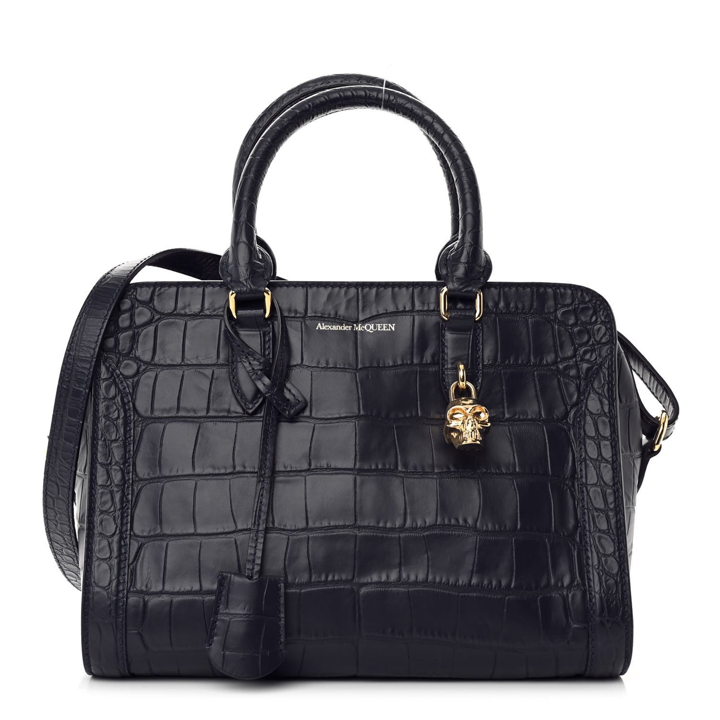 Calfskin Crocodile Embossed Small Skull Padlock Zip Around Tote Navy Blue