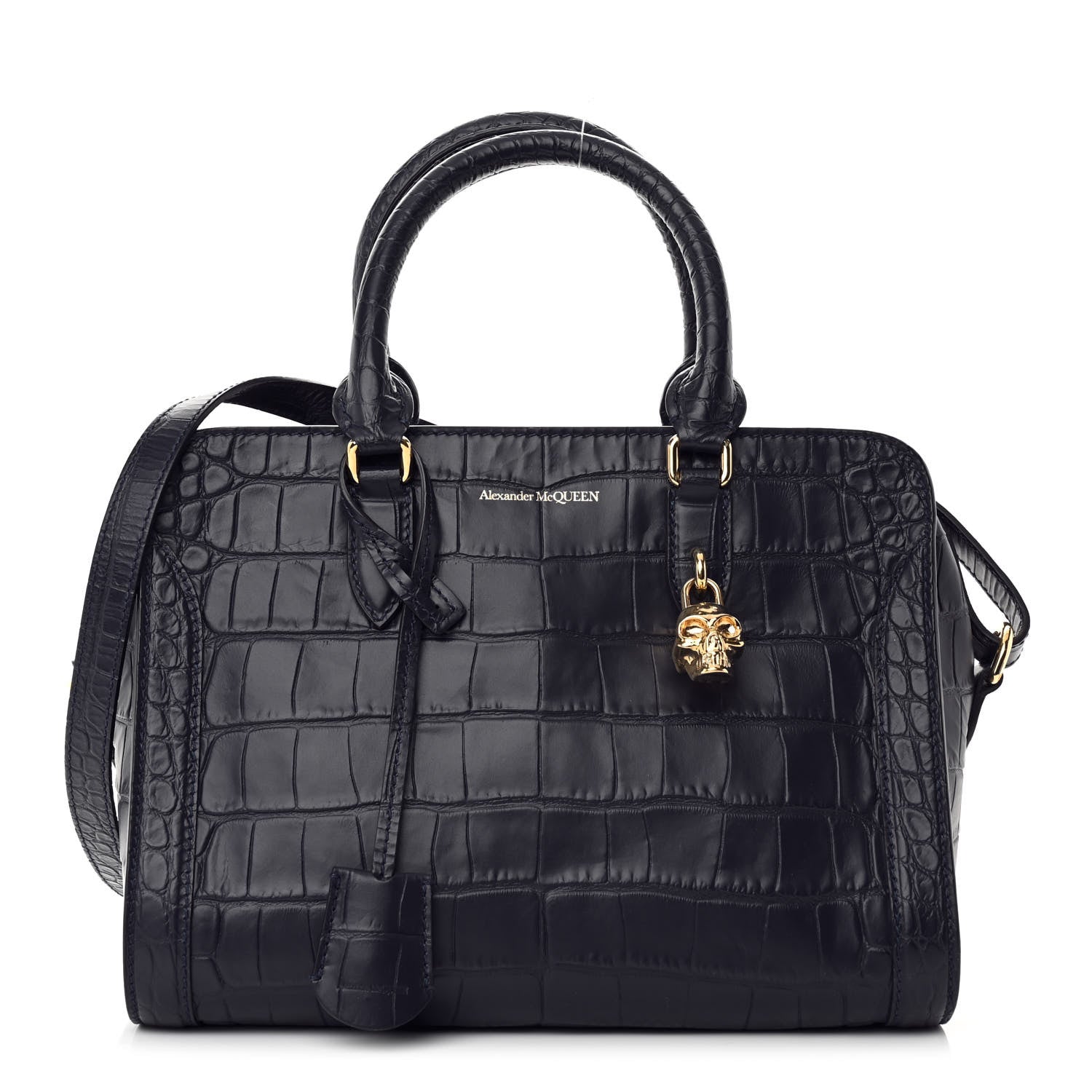 Alexander McQueen Calfskin Crocodile Embossed Small Skull Padlock Zip Around Tote Navy Blue 1 of 11