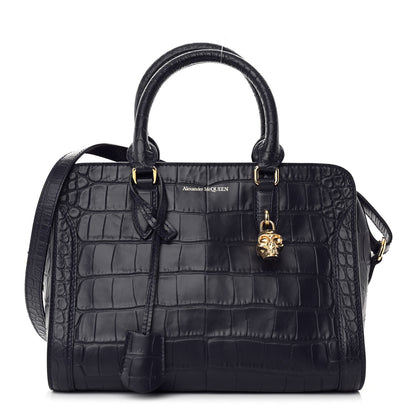 Alexander McQueen Calfskin Crocodile Embossed Small Skull Padlock Zip Around Tote Navy Blue 1 of 11