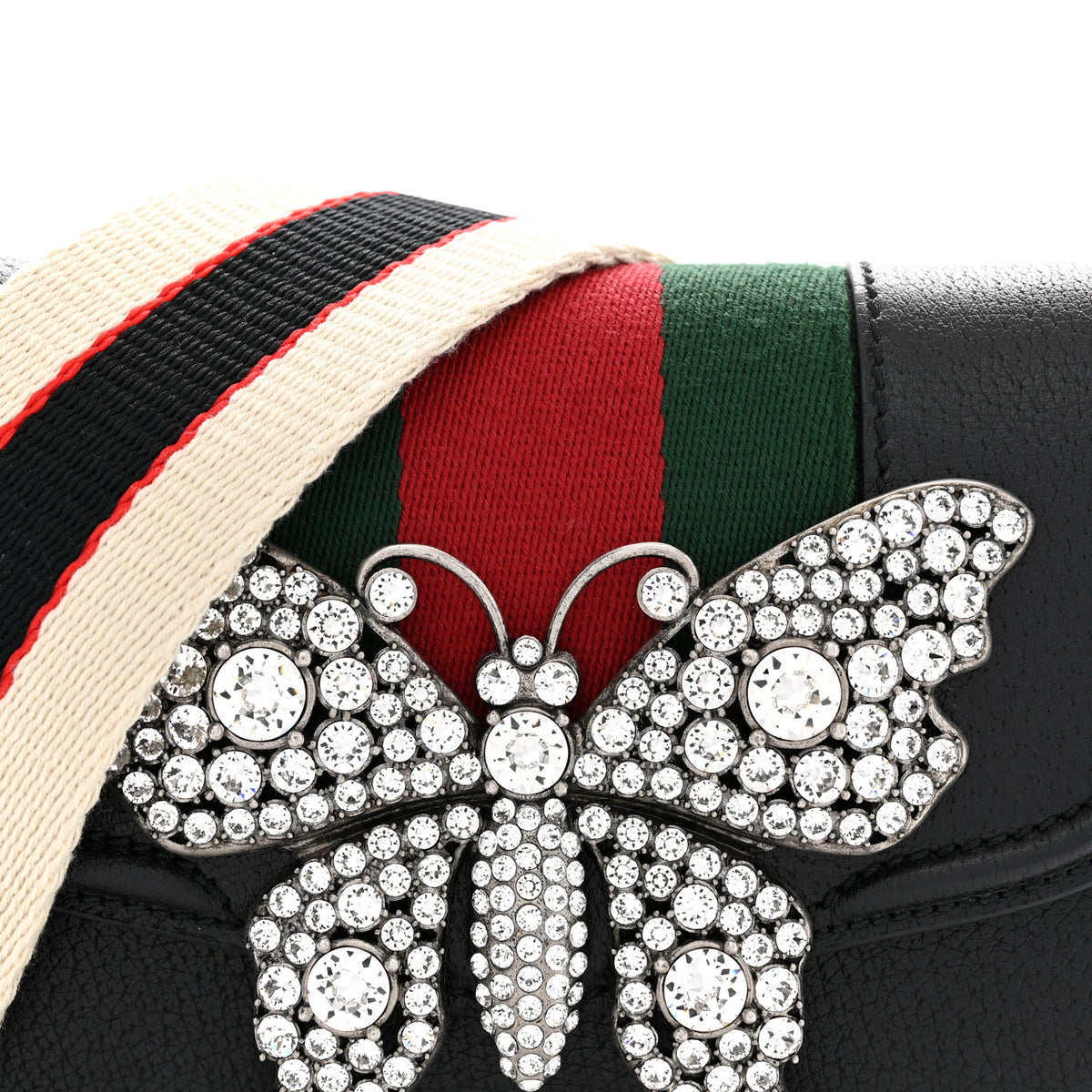 Calfskin Web Crystal Butterfly Stripe Small Totem Shoulder Bag Black