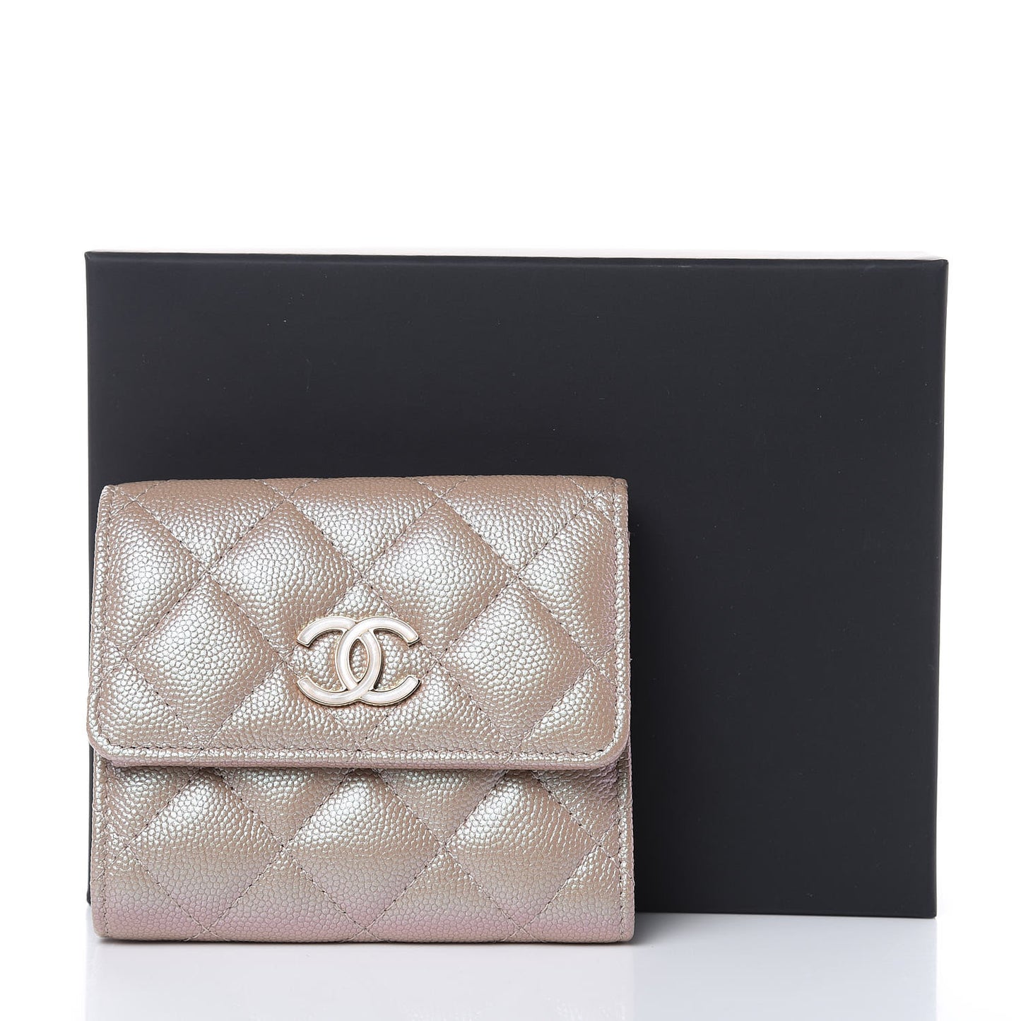 Iridescent Caviar Quilted Small Flap Wallet Beige