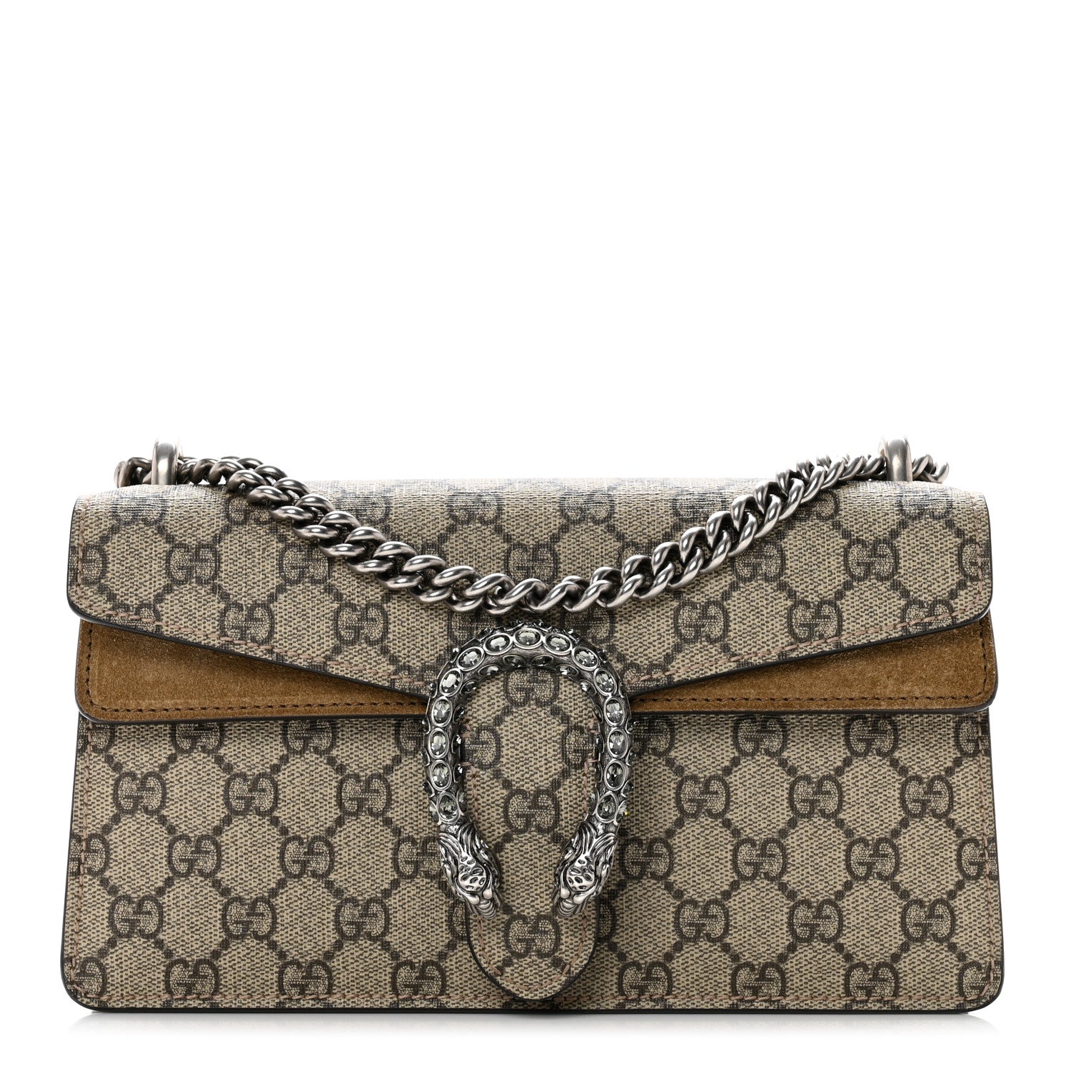 Gucci GG Supreme Monogram Suede Crystal Small Dionysus Shoulder Bag Beige Ebony Taupe 1 of 8