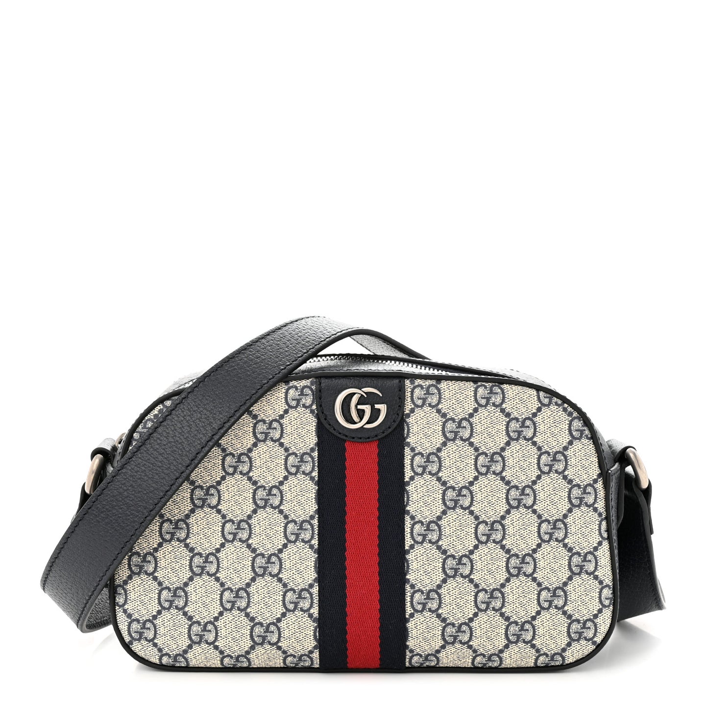 GG Supreme Monogram Textured Dollar Calfskin Web Small Ophidia Camera Bag Beige Blue