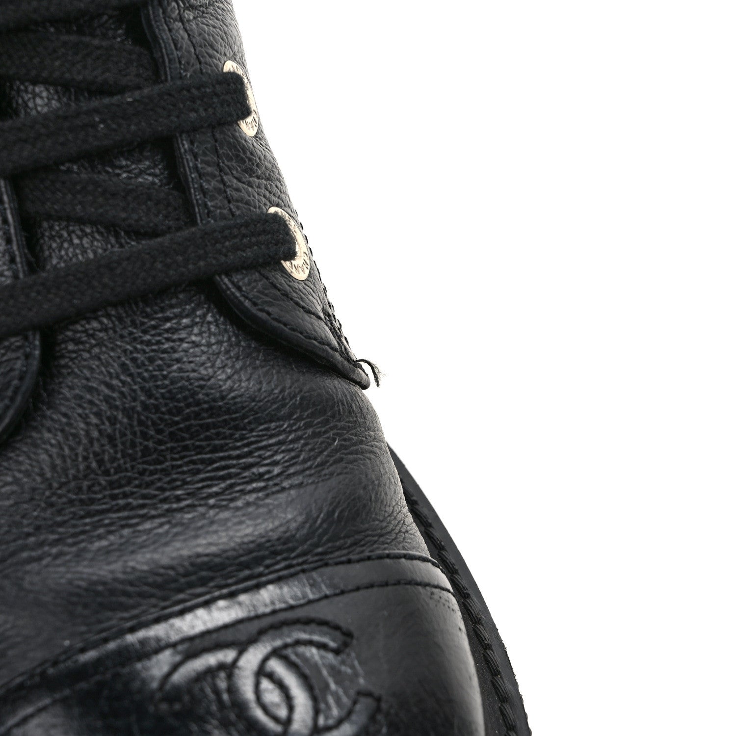 Chanel Grained Shiny Calfskin CC Lace Up Combat Boots 38 Black 10 of 11
