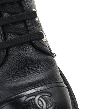 Chanel Grained Shiny Calfskin CC Lace Up Combat Boots 38 Black 10 of 11