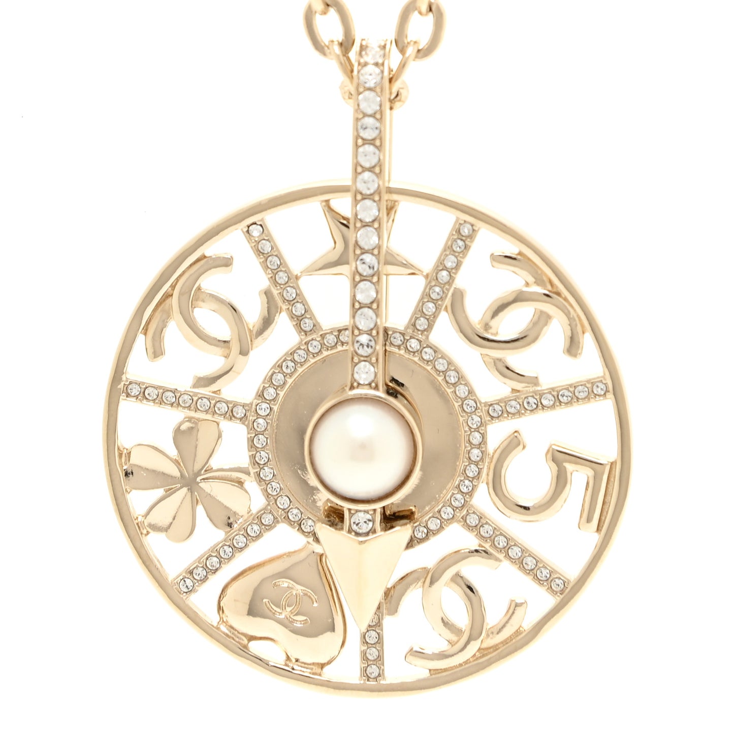 Crystal Pearl CC Long Pendant Necklace Gold