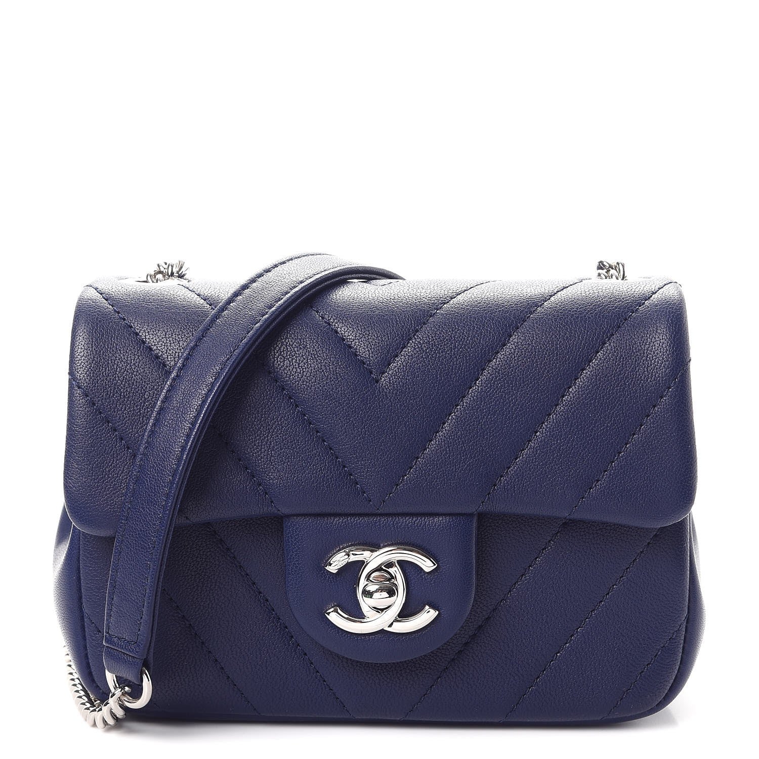 Chanel Calfskin Chevron Quilted Mini Flap Navy 1 of 8