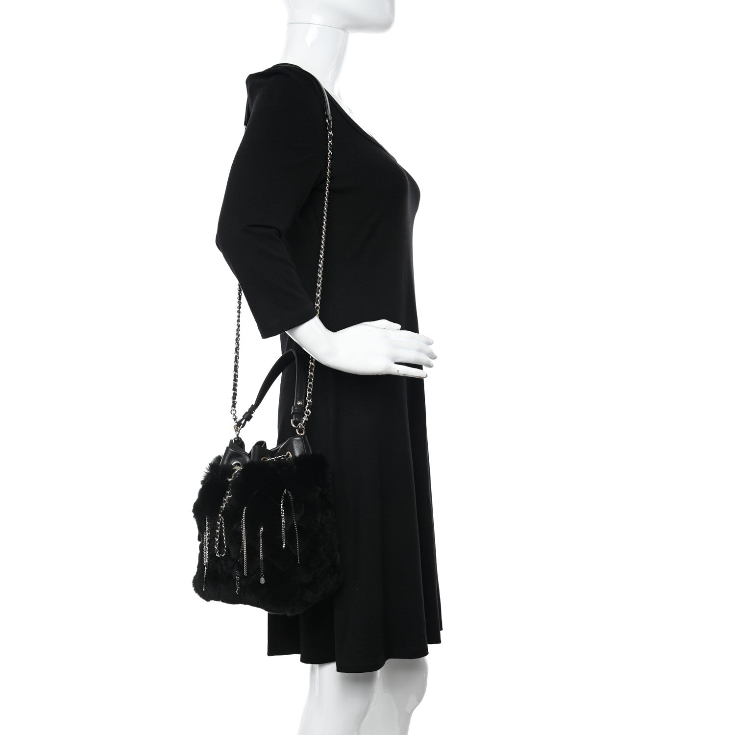 Chanel Fur Chain Drawstring Bucket Bag Black 2 of 11