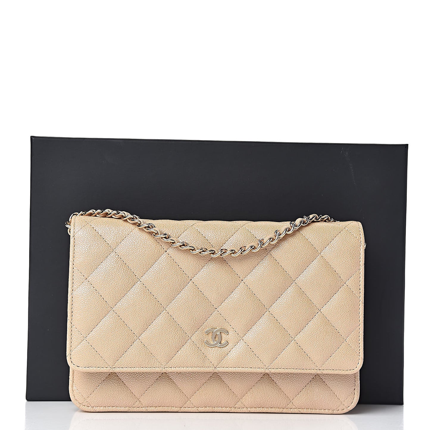 Iridescent Caviar Quilted Wallet On Chain WOC Beige