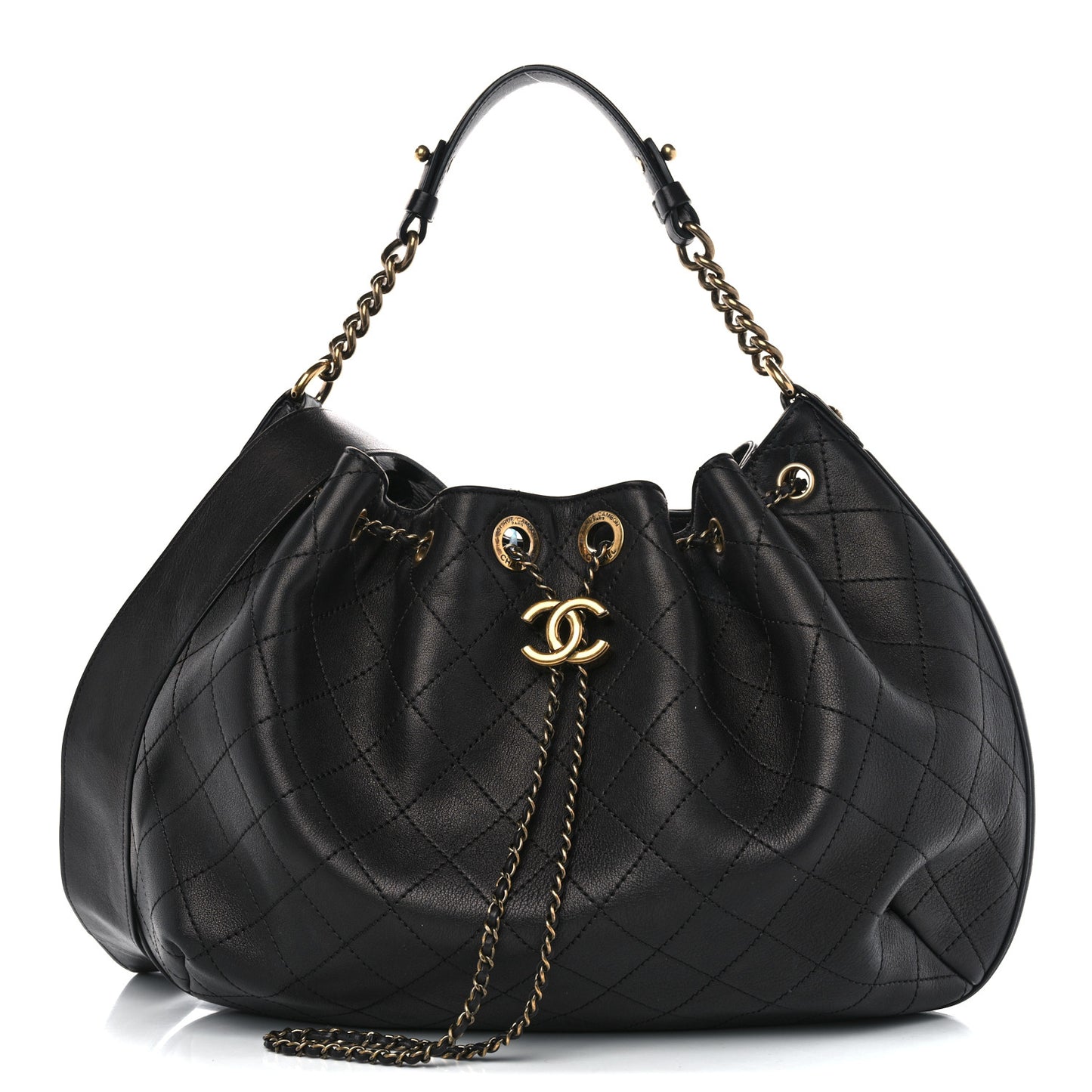 Calfskin Stitched Small Paris Rome Drawstring CC Bag Black