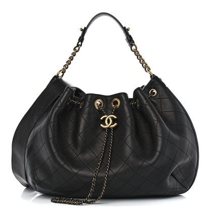 Chanel Calfskin Stitched Small Paris Rome Drawstring CC Bag Black 1 of 11