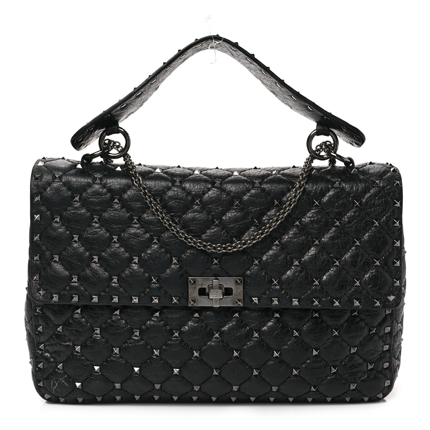 Valentino Garavani Craquele Nappa Large Rockstud Spike Shoulder Bag Black 1 of 6