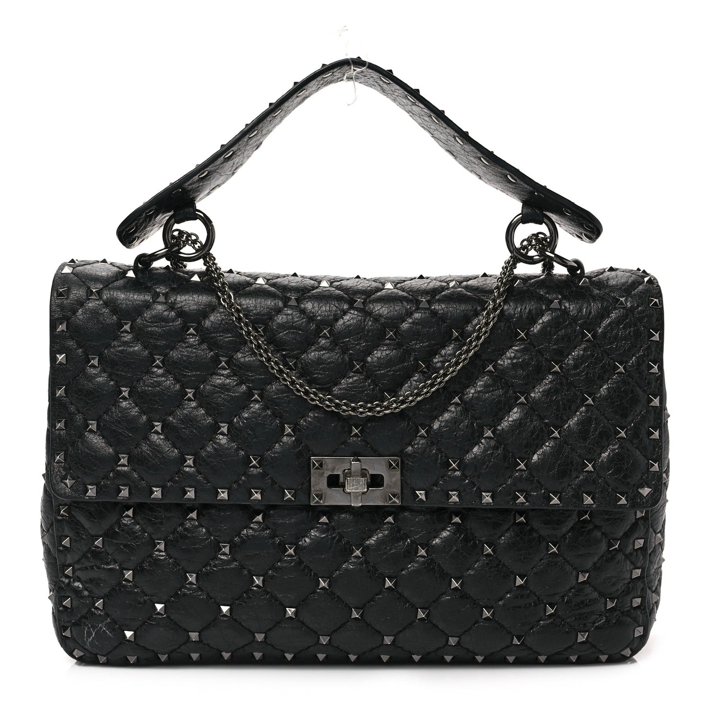 Craquele Nappa Large Rockstud Spike Shoulder Bag Black