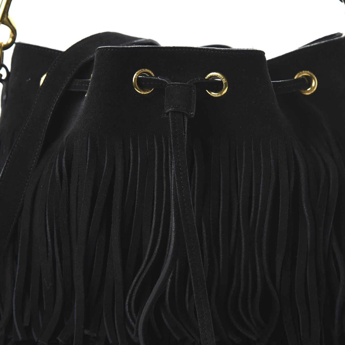 Suede Calfskin Small Emmanuelle Fringe Bucket Bag Black