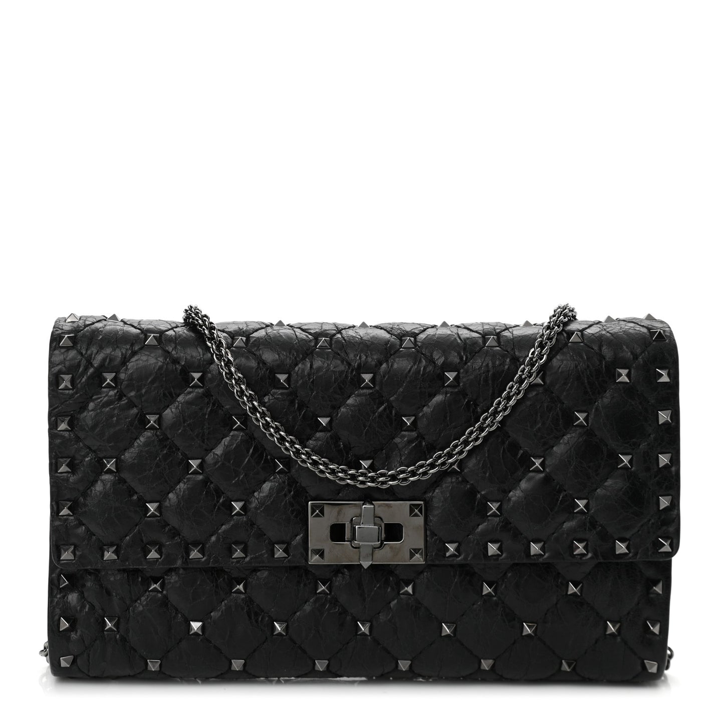 Craquele Nappa Rockstud Spike Wallet on Chain Black