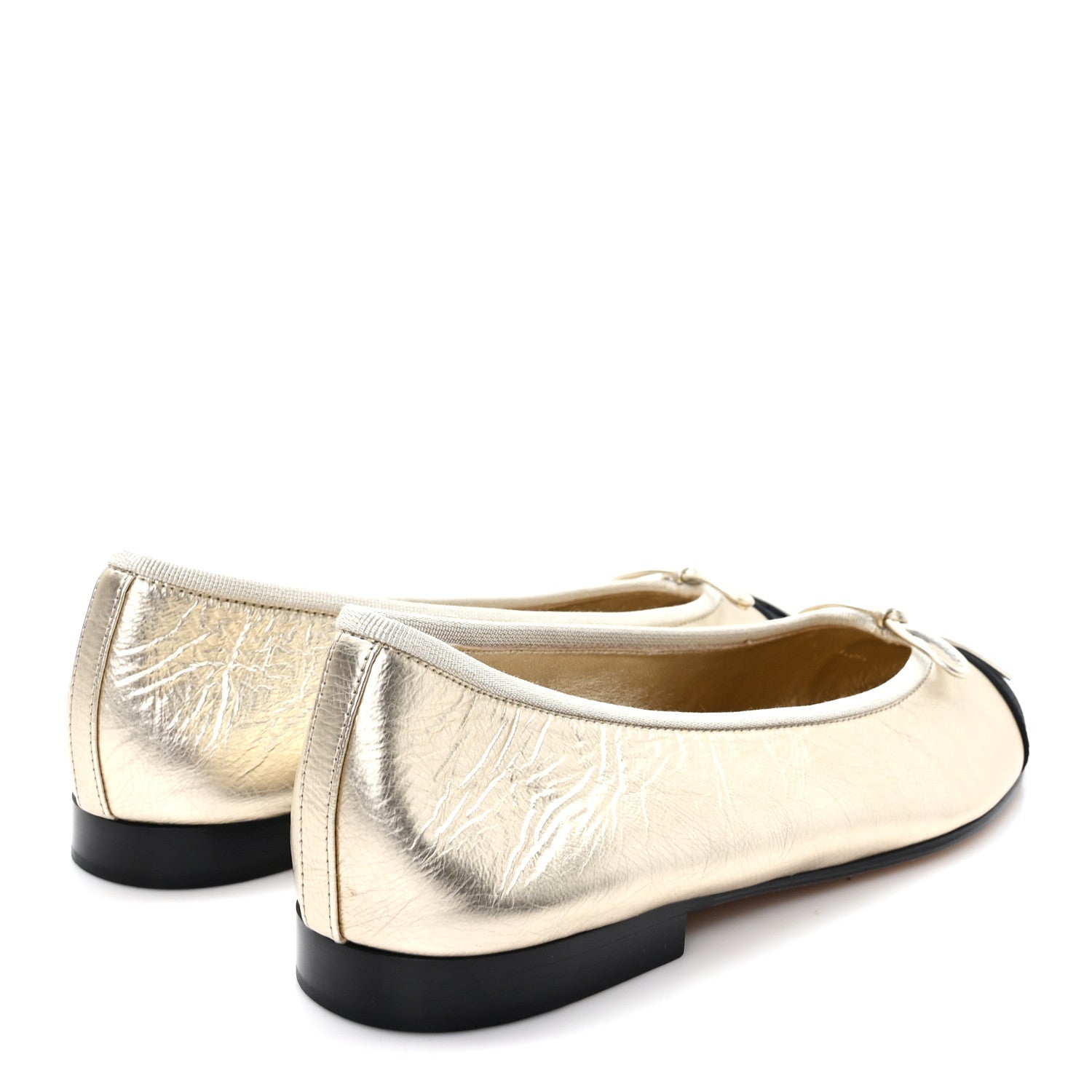 Chanel Metallic Laminated Lambskin Grosgrain CC Cap Toe Ballerina Flats 39 Light Gold Black 5 of 10