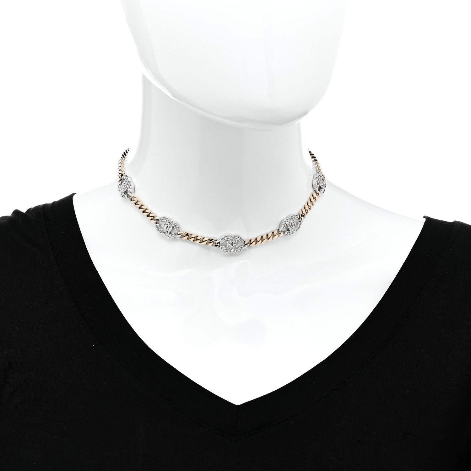 Chanel Crystal Chain CC Link Choker Gold Silver 2 of 5