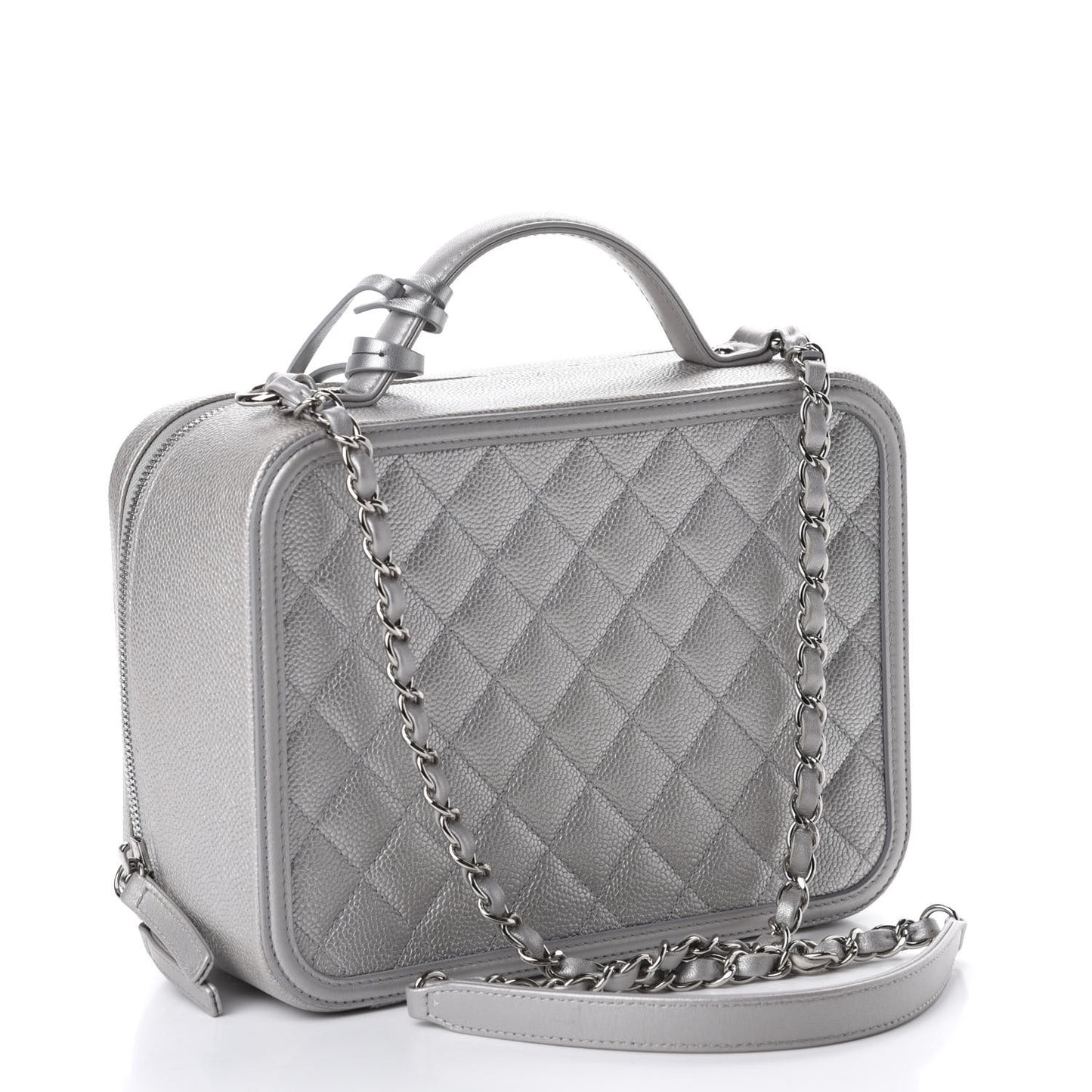 Metallic Caviar Quilted Large CC Filigree Vanity Case Silver