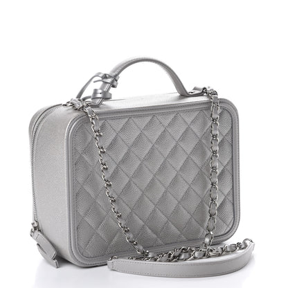 Chanel Metallic Caviar Quilted Large CC Filigree Vanity Case Silver 3 of 11