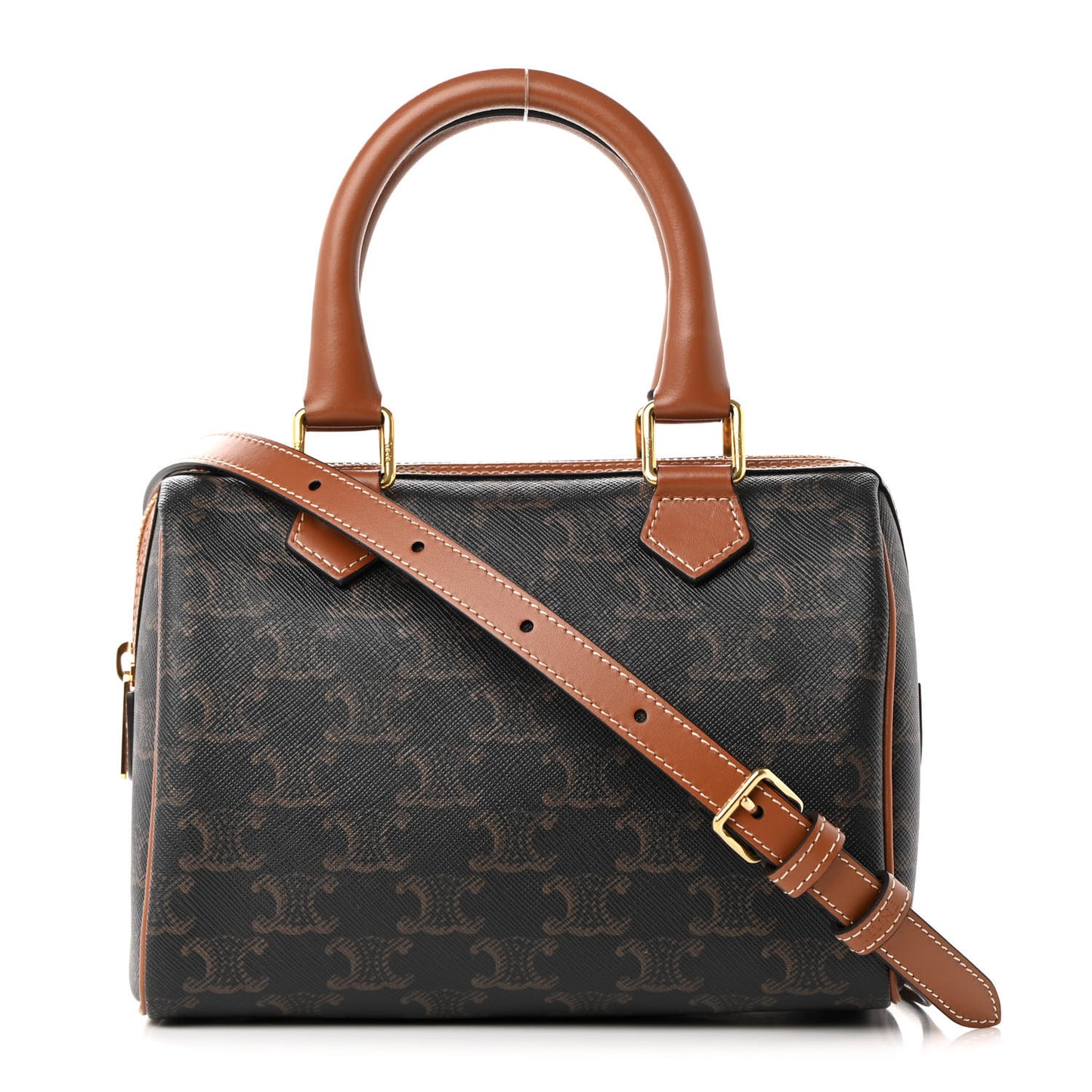 Triomphe Canvas Calfskin Small Boston Bag Tan