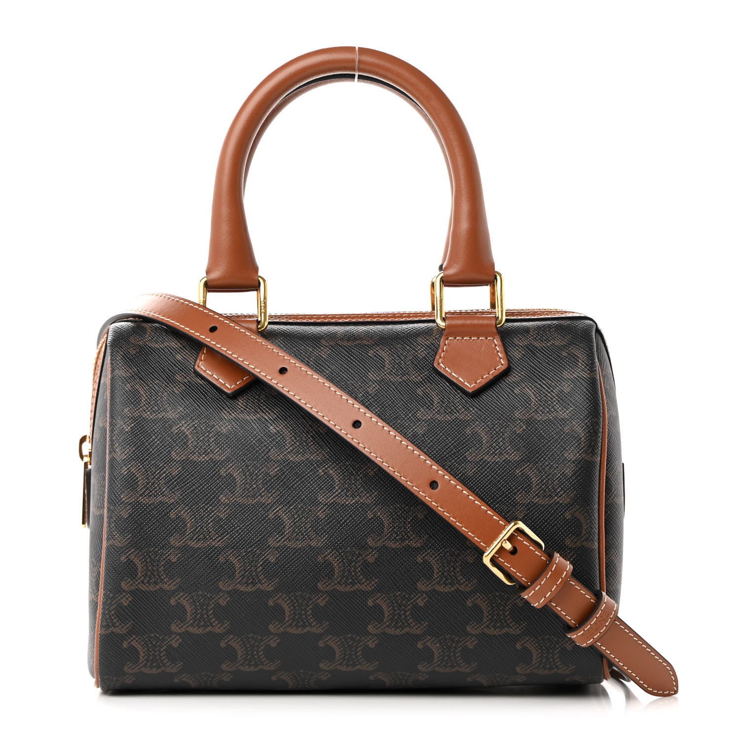 Celine Triomphe Canvas Calfskin Small Boston Bag Tan 1 of 15