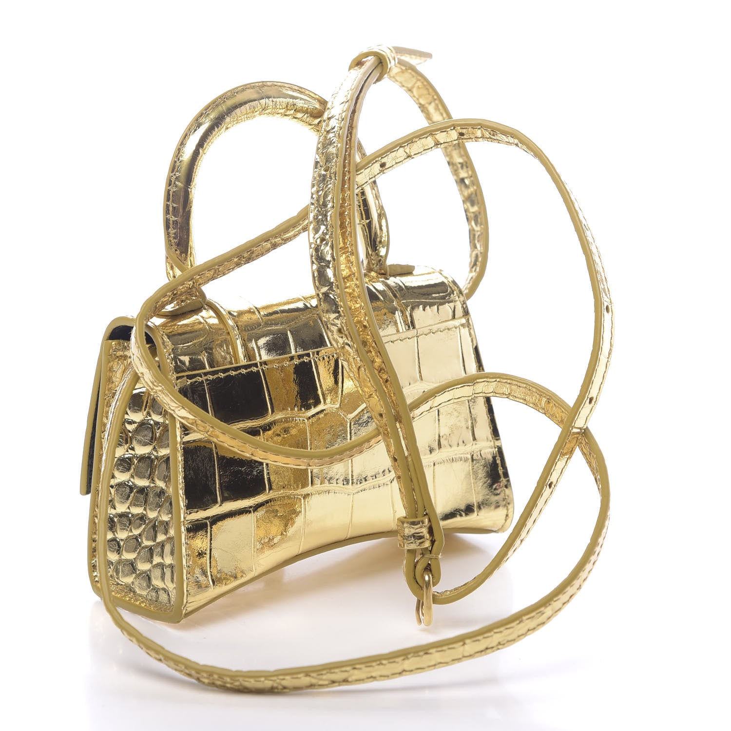 Balenciaga Metallic Calfskin Crocodile Embossed Hourglass Top Handle Bag Mini Gold 3 of 11
