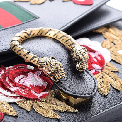 Gucci Calfskin Web Floral Embroidered Medium Dionysus Shoulder Bag Black 9 of 10
