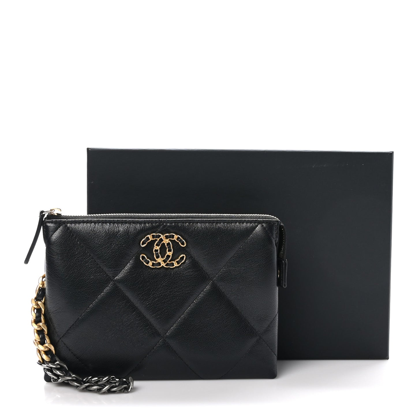 Shiny Goatskin Quilted Small Chanel 19 Pouch With Handle Black