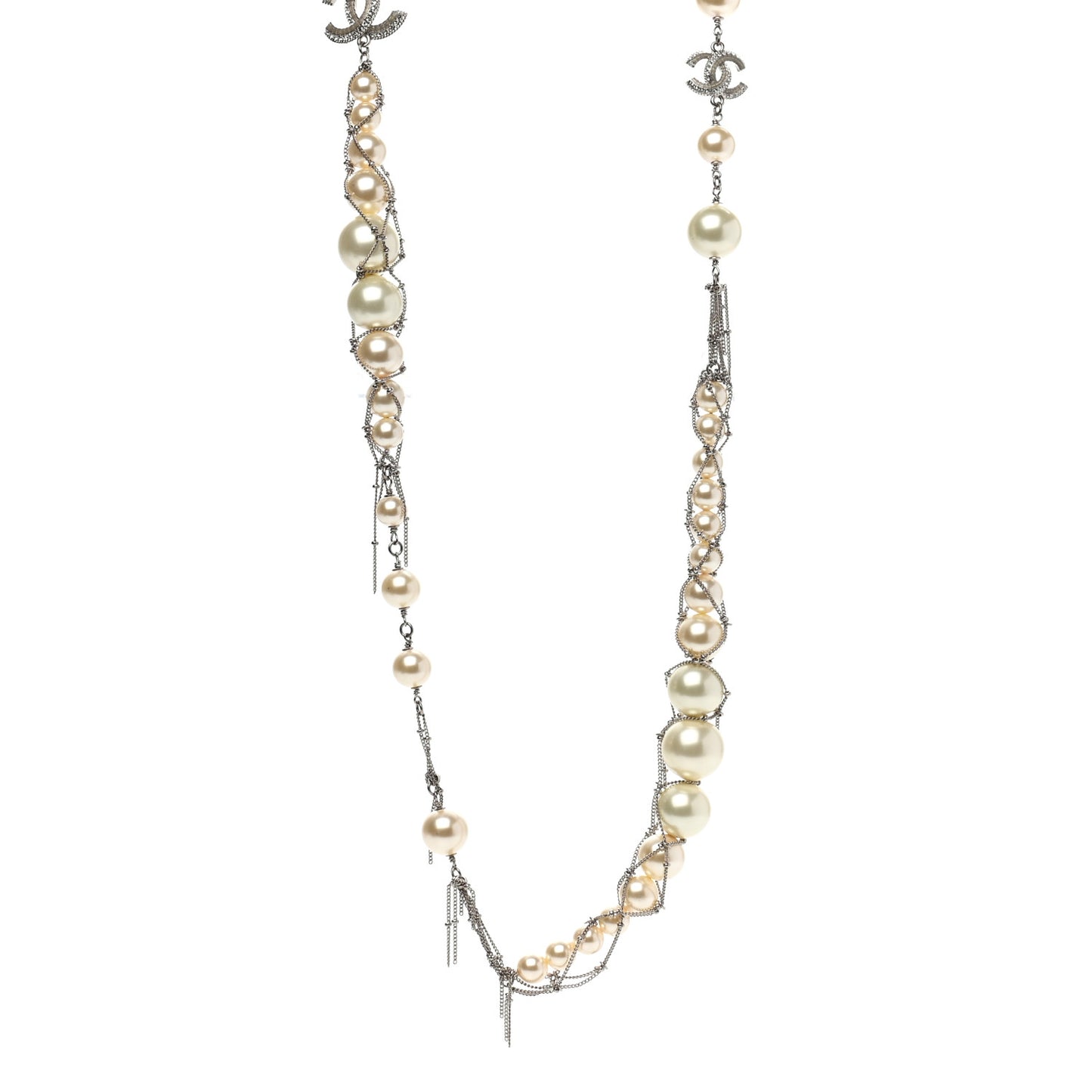 Crystal Pearl Multi Strand Chain CC Long Necklace Silver