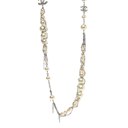 Chanel Crystal Pearl Multi Strand Chain CC Long Necklace Silver 1 of 6