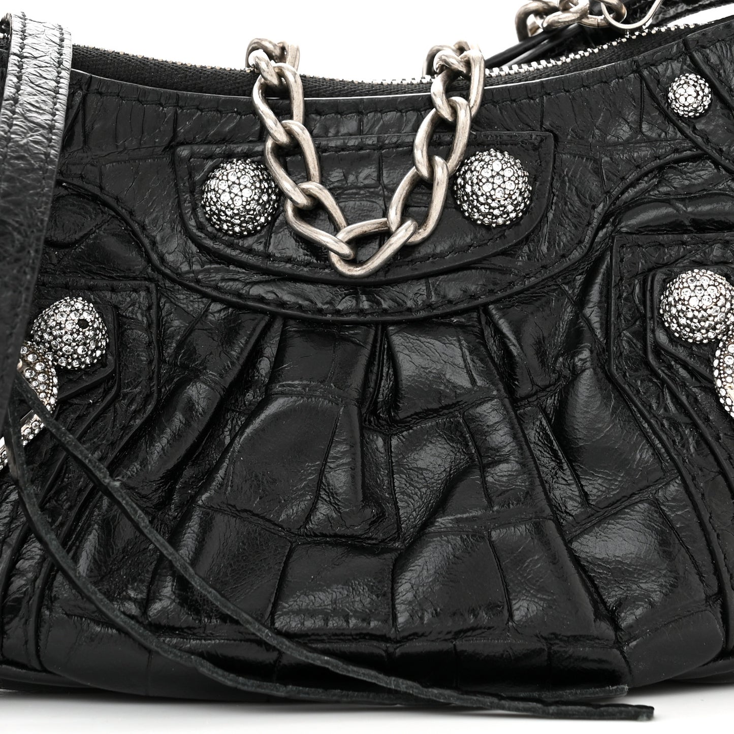 Extra Supple Calfskin Crystal Crocodile Embossed Le Cagole Mini Purse With Chain Black