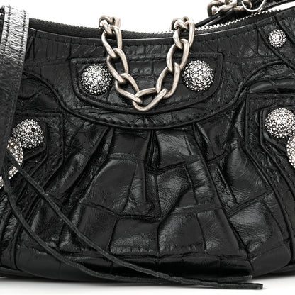 Balenciaga Extra Supple Calfskin Crystal Crocodile Embossed Le Cagole Mini Purse With Chain Black 8 of 12
