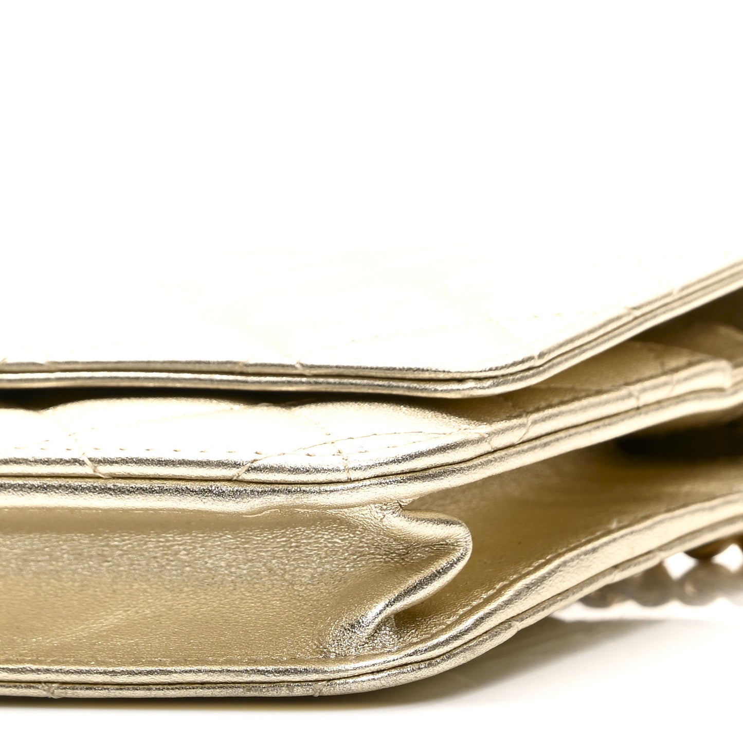 Metallic Lambskin Quilted Wallet On Chain WOC Gold