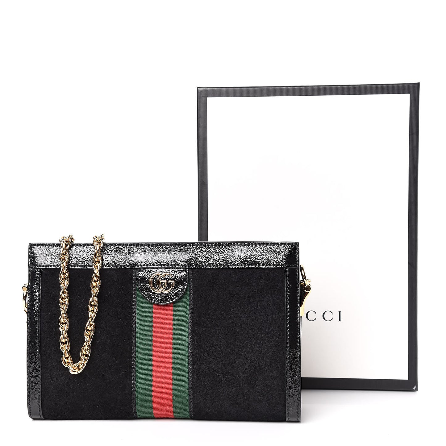 Suede Patent GG Web Small Ophidia Chain Shoulder Bag Black