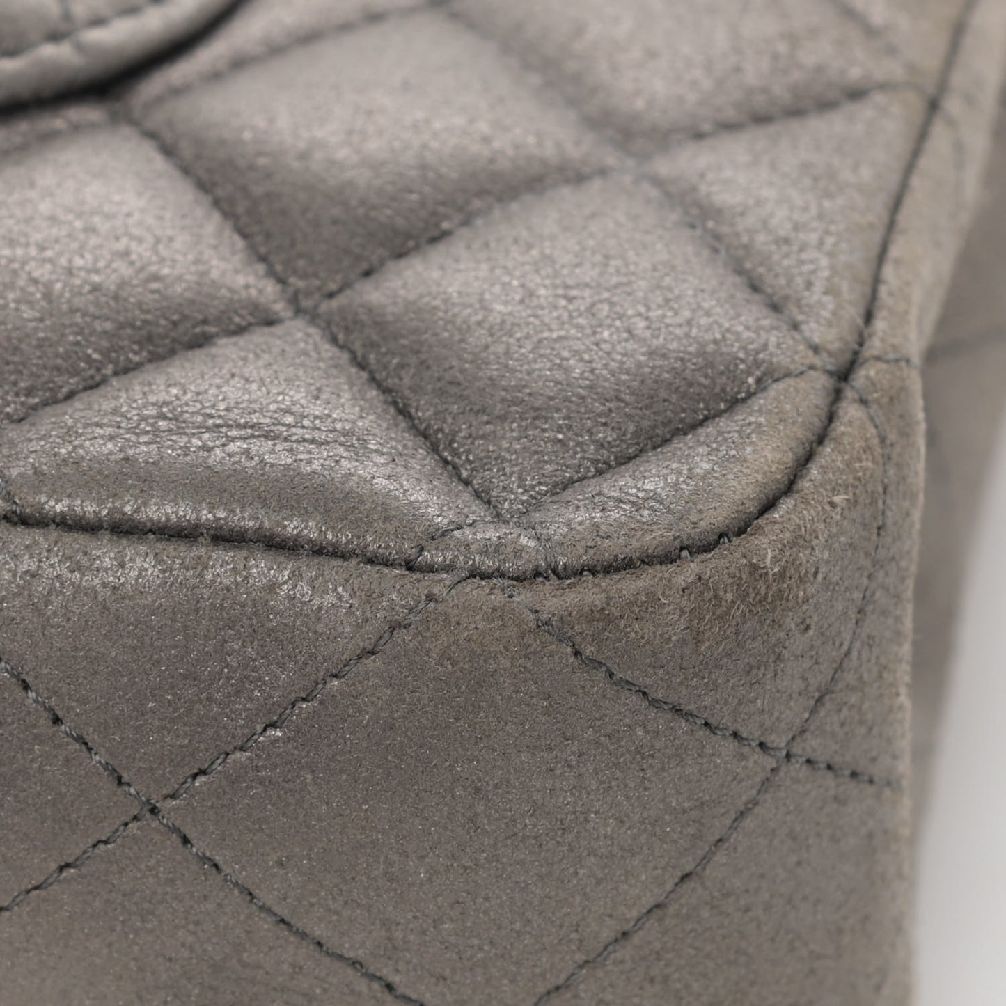 Metallic Lambskin Quilted Medium Double Flap Pewter