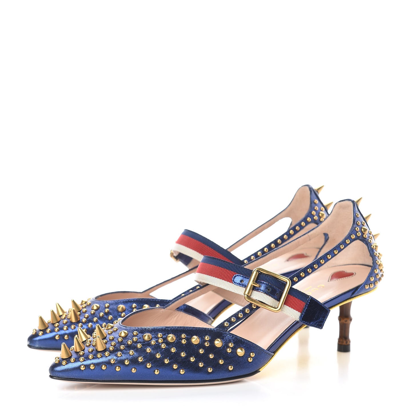 Metallic Nappa Silk Grosgrain Studded Sylvie Web Bamboo Low Heel Pumps 39.5 Sapphire