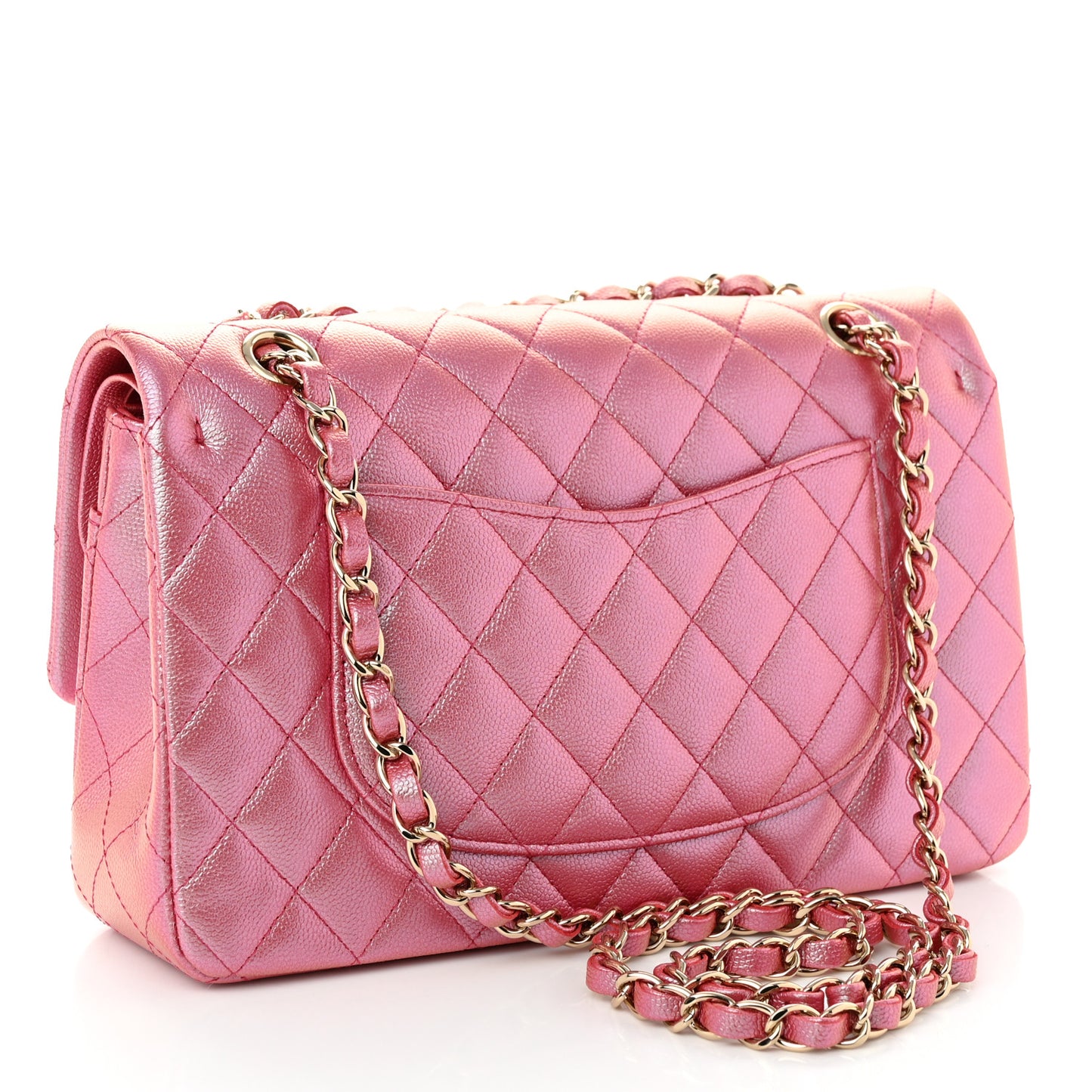 Iridescent Caviar Quilted Medium Double Flap Pink