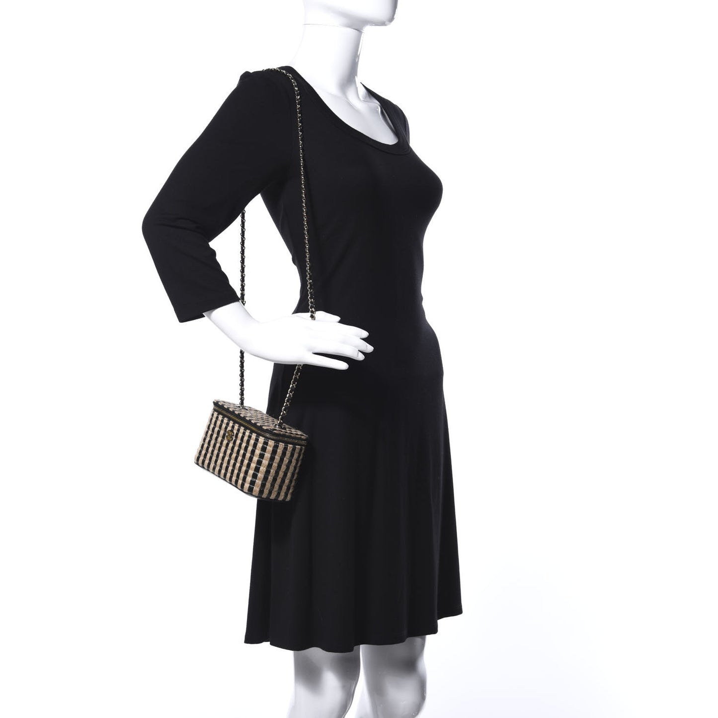 Raffia Jute Striped Small Vanity Case With Chain Black Beige