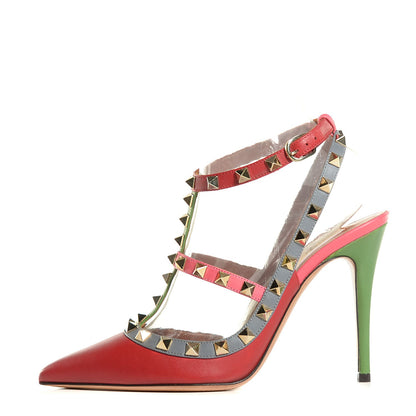 Valentino Garavani Nappa Rockstud Ankle Strap 100mm Pumps 37 Rosso Valentino Grey Clover Deep Rose 1 of 7